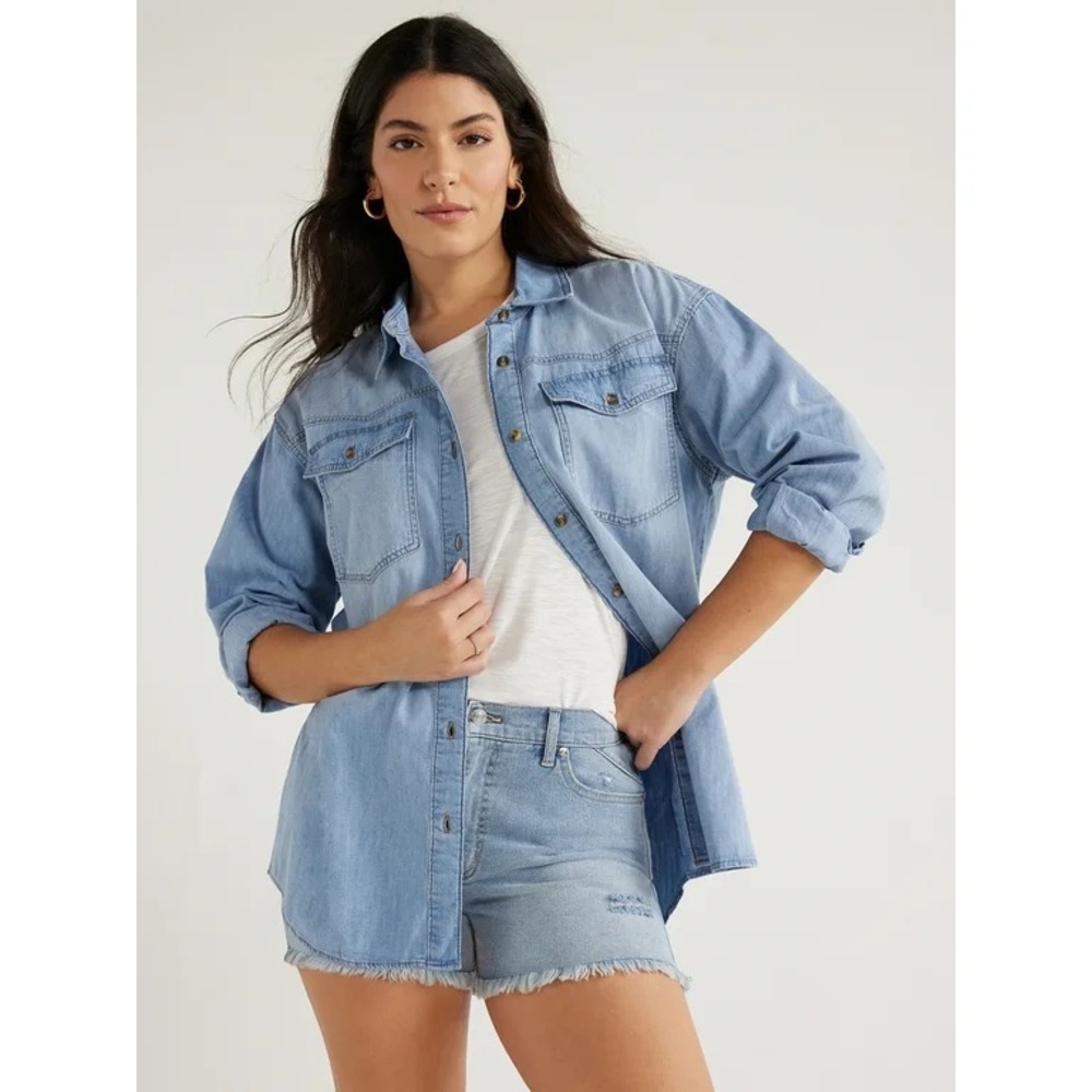 Sofia Vergara Women's Oversized Long Sleeve Boyfriend Denim Shirt NWT